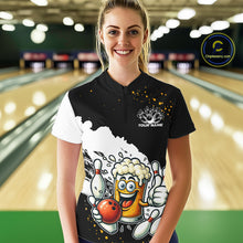 Load image into Gallery viewer, Funny Beer Glass Black and White Bowling Polo, 1/4 Zip Shirts for Women Custom Bowling Team Jersey NQS10933