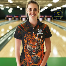 Load image into Gallery viewer, Personalized Tiger Bowling Shirts For Women, Black and Orange Flame Team Tiger Bowling Jerseys NQS11110