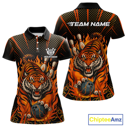 Personalized Tiger Bowling Shirts For Women, Black and Orange Flame Team Tiger Bowling Jerseys NQS11110