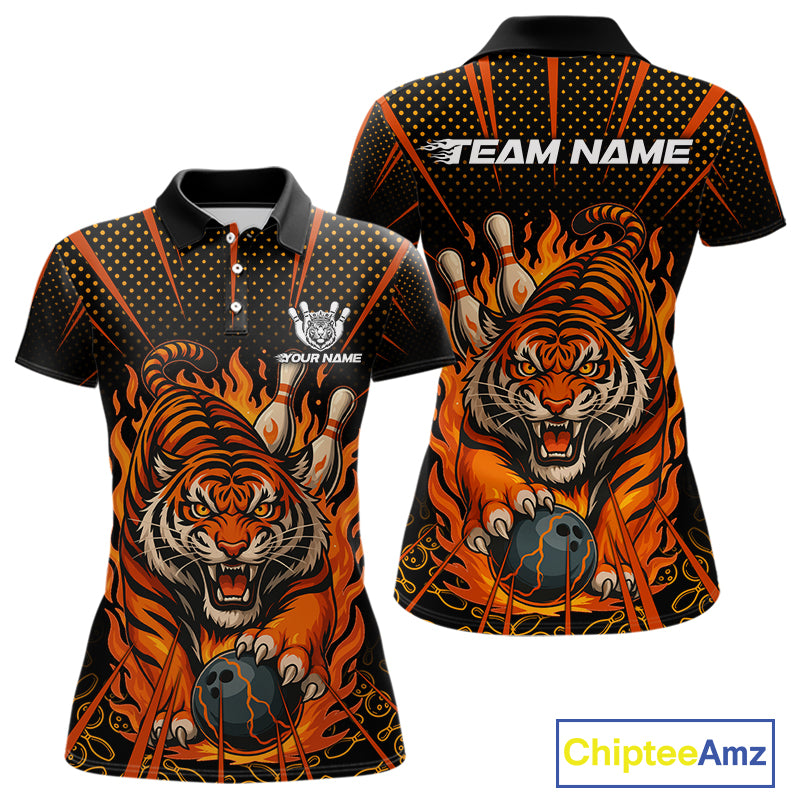 Personalized Tiger Bowling Shirts For Women, Black and Orange Flame Team Tiger Bowling Jerseys NQS11110