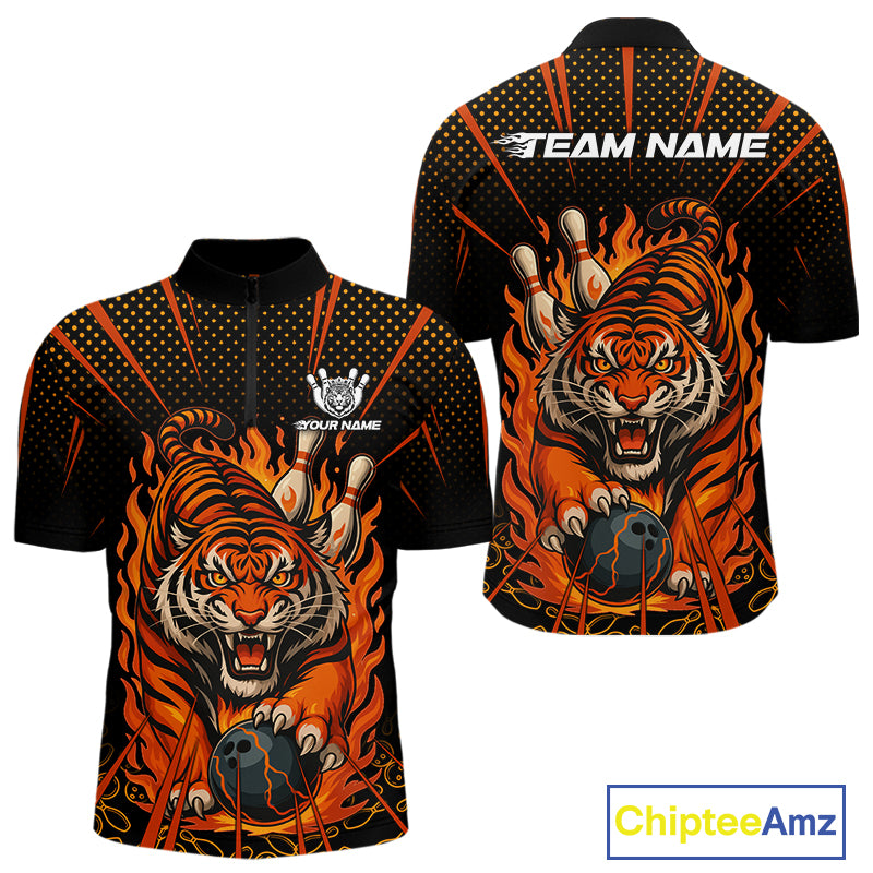 Personalized Tiger Bowling Shirts For men, Black and Orange Flame Team Tiger Bowling Jerseys NQS11110