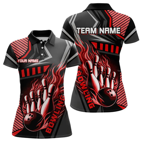 Black and Red Bowling ball pins Polo, Quarter Zip shirt for women Custom Bowling Team League Jerseys NQS9256