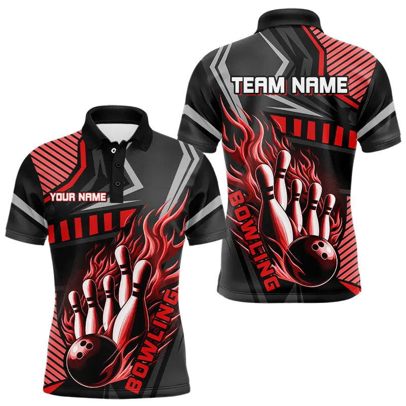 Black and Red Bowling ball pins Polo, Quarter Zip shirt for men Custom Bowling Team League Jerseys NQS9256