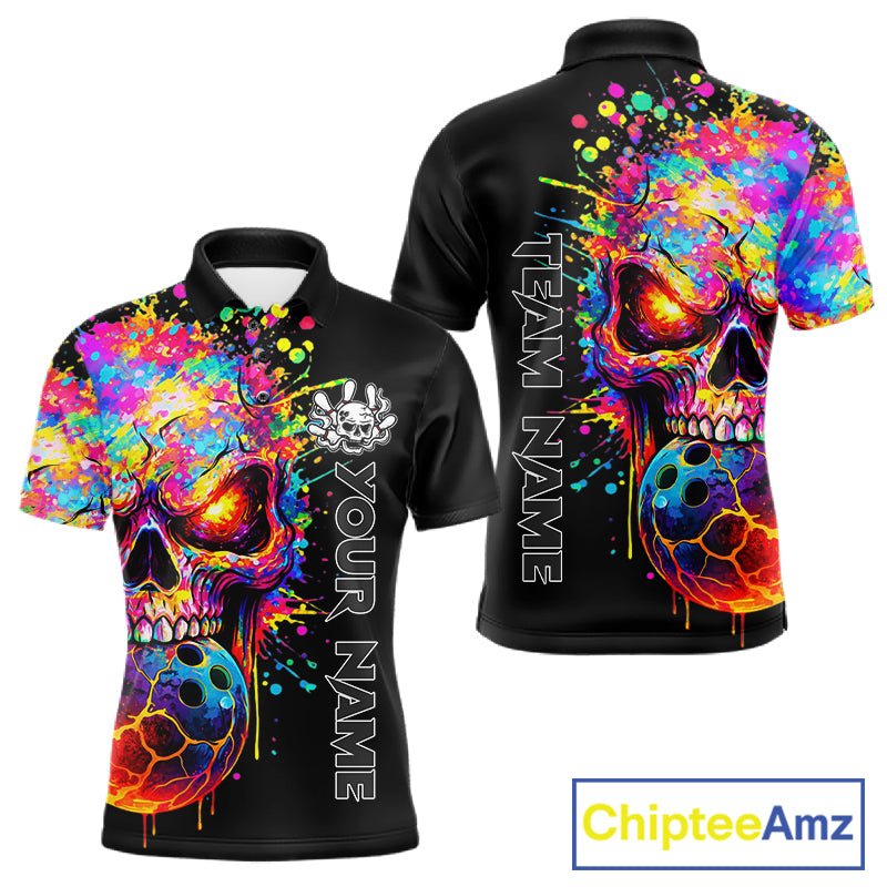 Colorful Skull bowling jerseys Bowling Polo, 1/4 zip Shirt Custom Bowling Team shirt for mens bowlers NQS11317