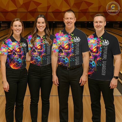 Colorful Skull bowling jerseys Bowling Polo, 1/4 zip Shirt Custom Bowling Team shirt for mens bowlers NQS11317