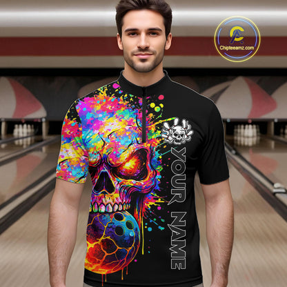 Colorful Skull bowling jerseys Bowling Polo, 1/4 zip Shirt Custom Bowling Team shirt for mens bowlers NQS11317