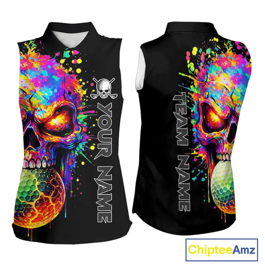 Colorful Skull Golf jerseys Black Women's Sleeveless polo shirt Custom Team ladies golf clothes NQS11318