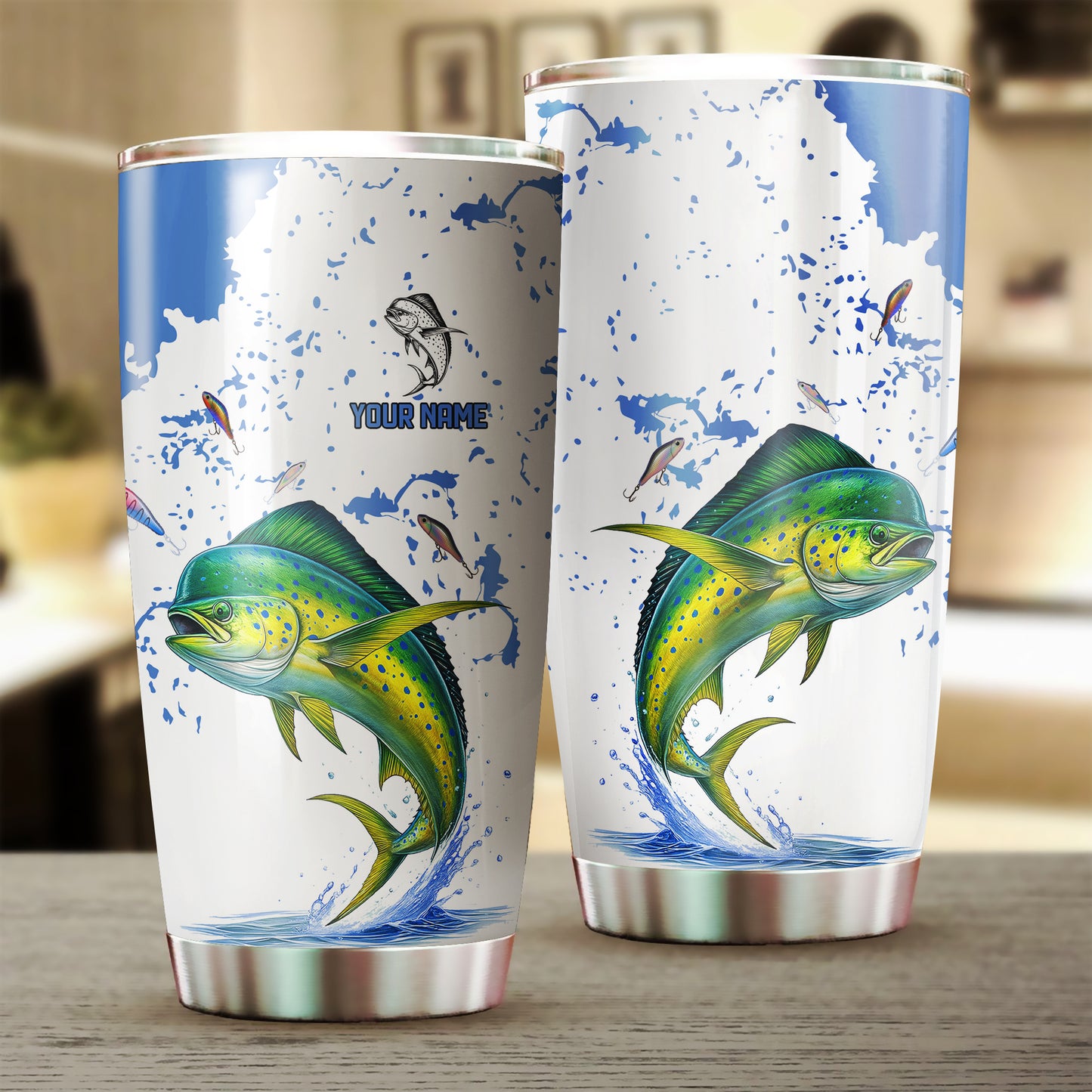 1PC Personalized Blue and white Mahi mahi Fishing Tumbler Cup Custom Name Mahi mahi Fishing gifts NQS11521