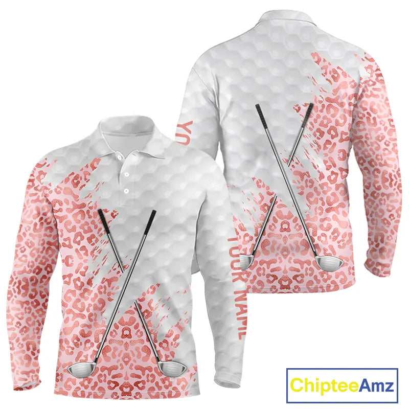 Pink glitter Leopard skin pattern custom name white Mens golf polo shirts, team golf tops for men NQS11526