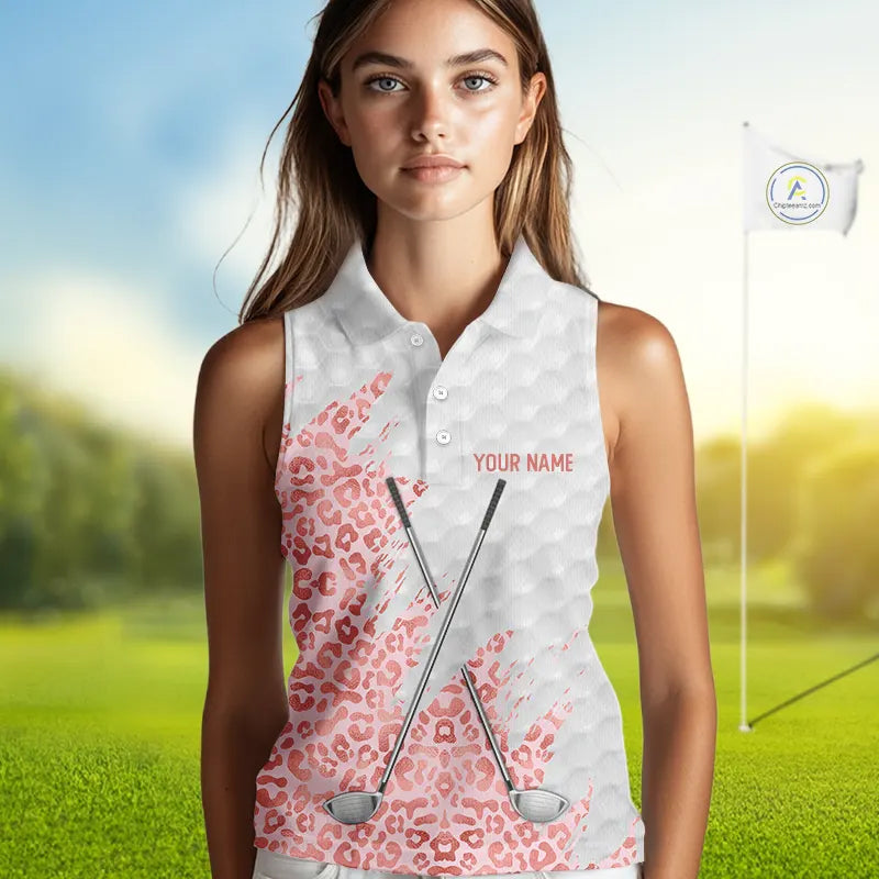 Pink glitter Leopard skin pattern custom name white sleeveless polo shirts, team ladies golf tops NQS11526