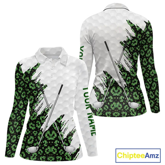 Green glitter Leopard skin pattern custom name white Womens golf polo shirts, team ladies golf tops NQS11527