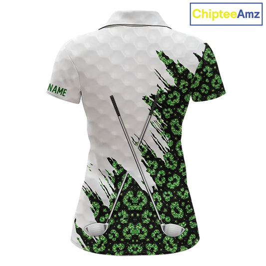Green glitter Leopard skin pattern custom name white Womens golf polo shirts, team ladies golf tops NQS11527
