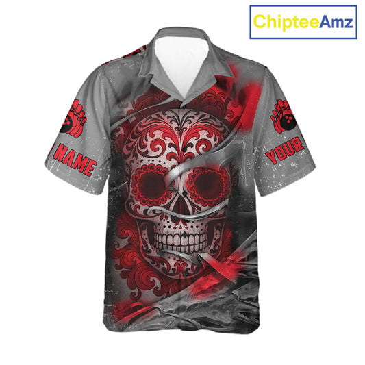 Red Sugar Skull Tattoo Custom Bowling Hawaiian Shirt, Team Bowling button up shirt NQS11528
