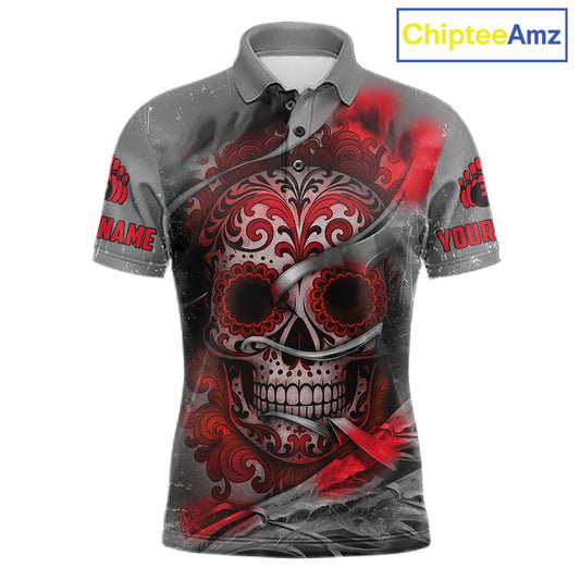 Red Sugar Skull Tattoo Custom Mens Bowling Polo, Quarter Zip Shirts,Team Bowling Jerseys NQS11528