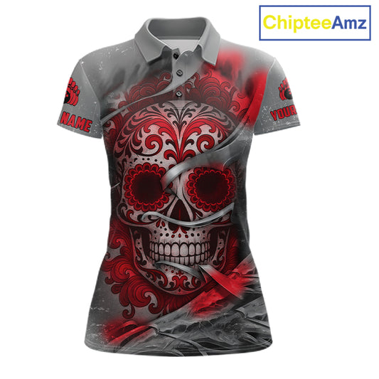 Red Sugar Skull Tattoo Custom Women Bowling Polo, Quarter Zip Shirts,Team Bowling Jerseys NQS11528