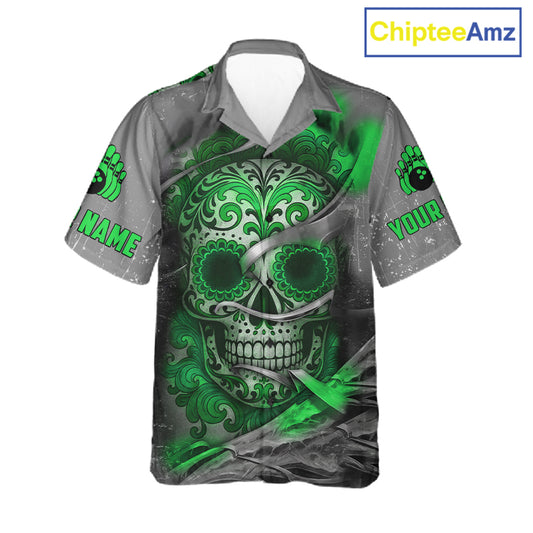Green Sugar Skull Tattoo Custom Bowling Hawaiian Shirt, Team Bowling button up shirt NQS11529