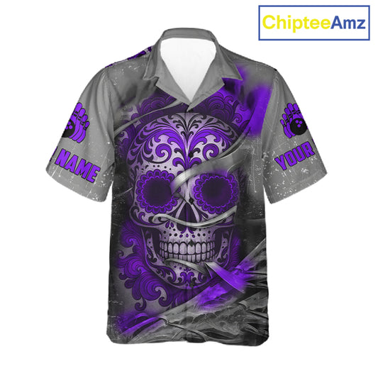 Purple Sugar Skull Tattoo Custom Bowling Hawaiian Shirt, Team Bowling button up shirt NQS11530