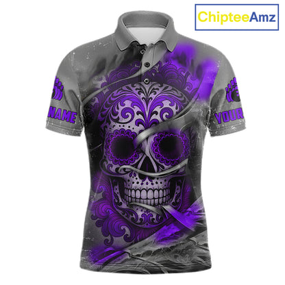 Purple Sugar Skull Tattoo Custom Mens Bowling Polo, Quarter Zip Shirts,Team Bowling Jerseys NQS11530