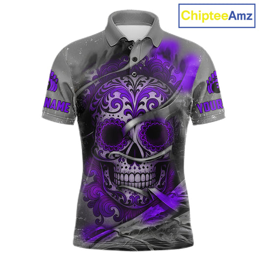 Purple Sugar Skull Tattoo Custom Mens Bowling Polo, Quarter Zip Shirts,Team Bowling Jerseys NQS11530
