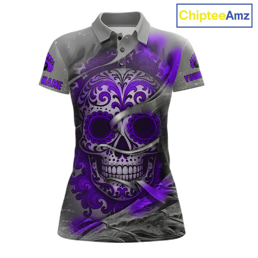 Purple Sugar Skull Tattoo Custom Women Bowling Polo, Quarter Zip Shirts,Team Bowling Jerseys NQS11530