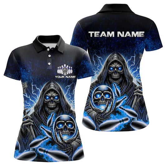 Personalized Skull Bowling Shirt For Women Custom Team Name Lightning Thunder Bowler Jerseys | Blue NQS9747