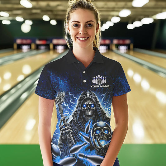 Personalized Skull Bowling Shirt For Women Custom Team Name Lightning Thunder Bowler Jerseys | Blue NQS9747