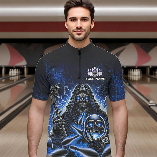 Personalized Skull Bowling Shirt For Men Custom Team Name Lightning Thunder Bowler Jerseys | Blue NQS9747
