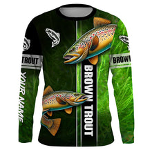 Load image into Gallery viewer, Brown trout fishing green camo Custom Long Sleeve Fishing Shirts, fishing gifts for men, women, kid NQS5808