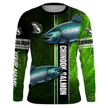 Load image into Gallery viewer, Chinook salmon fishing green camo Custom Long Sleeve Fishing Shirts, fishing gifts for men, women, kid NQS5809