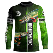 Load image into Gallery viewer, Northern Pike fishing green camo Custom Long Sleeve Fishing Shirts, fishing gifts for men, women, kid NQS5810