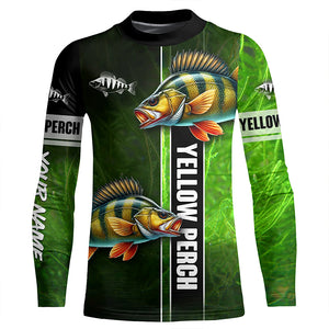 Yellow Perch fishing green camo Custom Long Sleeve Fishing Shirts, fishing gifts for men, women, kid NQS5812