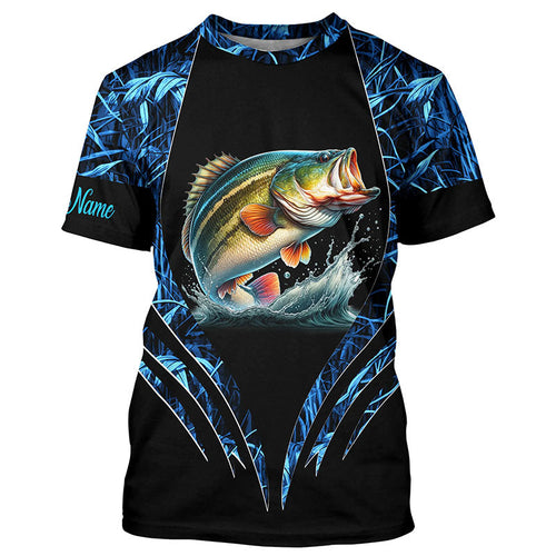 Largemouth bass fishing blue camo custom 3D All Over Printed Fishing Shirts, Bass fishing apparel NQS7898
