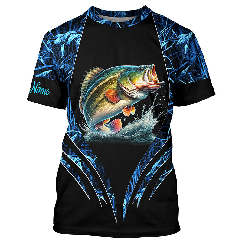 Largemouth bass fishing blue camo custom 3D All Over Printed Fishing Shirts, Bass fishing apparel NQS7898