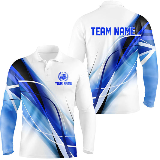 Personalized White and Blue Geometric bowling shirts for Men custom teams name bowler jerseys NQS8336