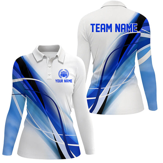 Personalized White and Blue Geometric bowling shirts for Women custom teams name bowler jerseys NQS8336