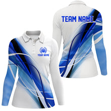 Load image into Gallery viewer, Personalized White and Blue Geometric bowling shirts for Women custom teams name bowler jerseys NQS8336