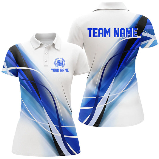 Personalized White and Blue Geometric bowling shirts for Women custom teams name bowler jerseys NQS8336