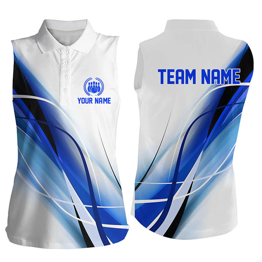 Personalized White and Blue Geometric bowling sleeveless polo shirt custom teams name bowler jerseys NQS8336