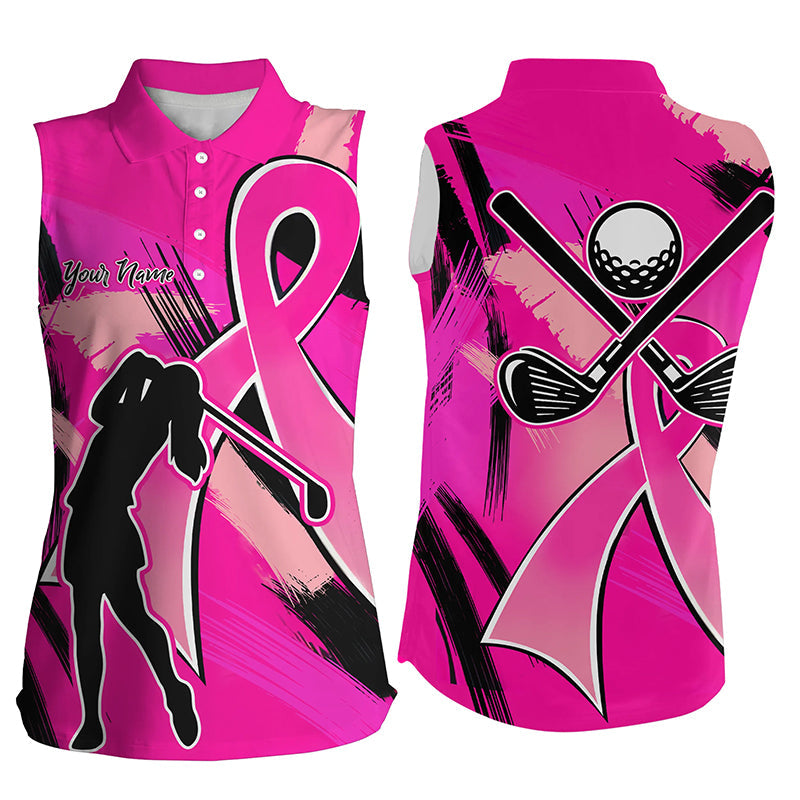 Women sleeveless polo shirt pink ribbon custom breast cancer awareness golf jerseys, ladies golf wear NQS8546