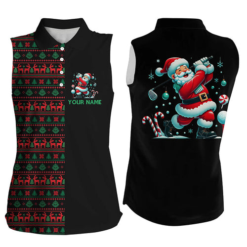 Christmas pattern black Womens sleeveless polo shirt custom Funny Santa golfer golf attire for ladies NQS8785