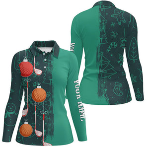 Green Christmas Golf pattern Womens golf polo shirt custom Xmas golf outfits, personalized golf gift NQS8791