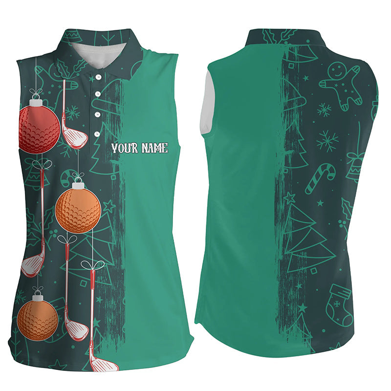 Green Christmas Golf pattern Women sleeveless polo shirt custom golf outfits, personalized golf gift NQS8791