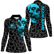 Load image into Gallery viewer, Black Bowling camo Turquoise Skull bowling shirt for women custom bowling team jersey gifts for bowler NQS9013