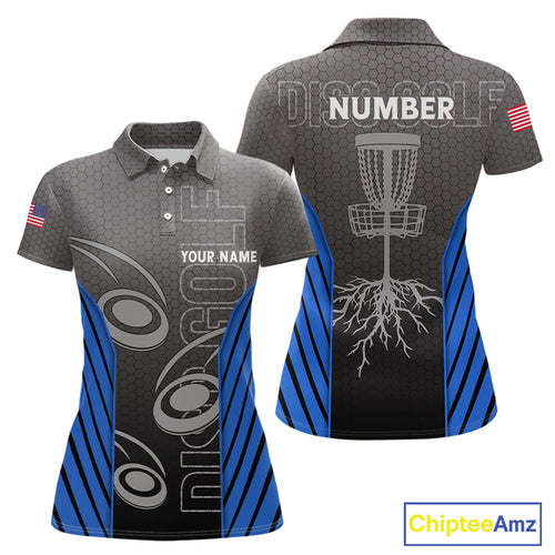 Women's disc golf polo shirt custom name, number camo disc golf jersey for ladies | Blue NQS11123