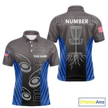 Load image into Gallery viewer, Mens disc golf polo shirt custom name, number camo disc golf jersey, mens disc golf apparel | Blue NQS11123