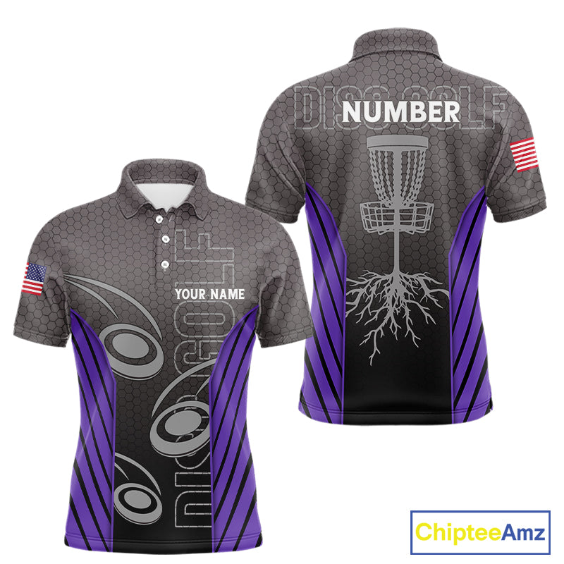 Mens disc golf polo shirt custom name, number camo disc golf jersey, mens disc golf apparel | Purple NQS11124