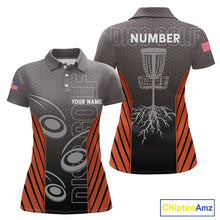 Load image into Gallery viewer, Women&#39;s disc golf polo shirt custom name, number camo disc golf jersey for ladies | Orange NQS11125