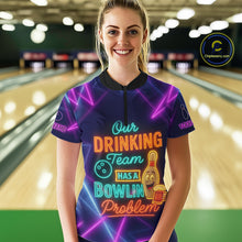 Load image into Gallery viewer, Our Drinking Team has a bowling problem Custom colorful neon funny bowling and beer shirts for Women NQS11126