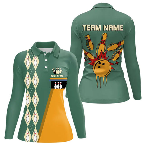 Mint Green & Yellow Retro Bowling Polo, Quarter Zip shirt for Women Custom vintage team bowling jersey NQS9262