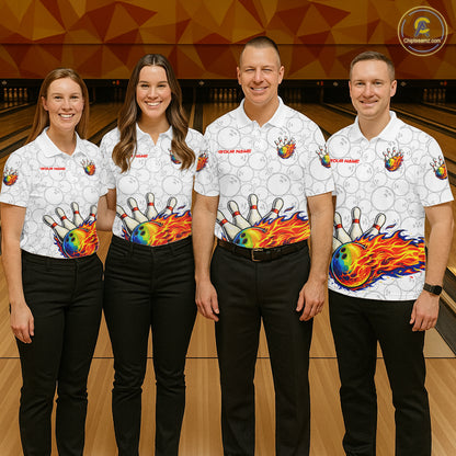 Colorful rainbow flame Bowling Polo, 1/4 zip Shirt For Women Custom white camo Bowling Team jerseys NQS11319